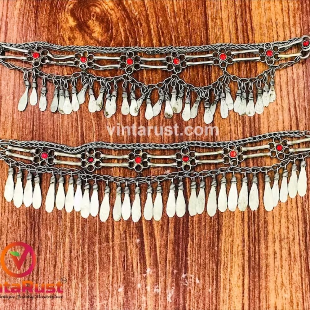 Silver Kuchi Anklets With Red Glass Stones and Tassels, Pair Ankletsl